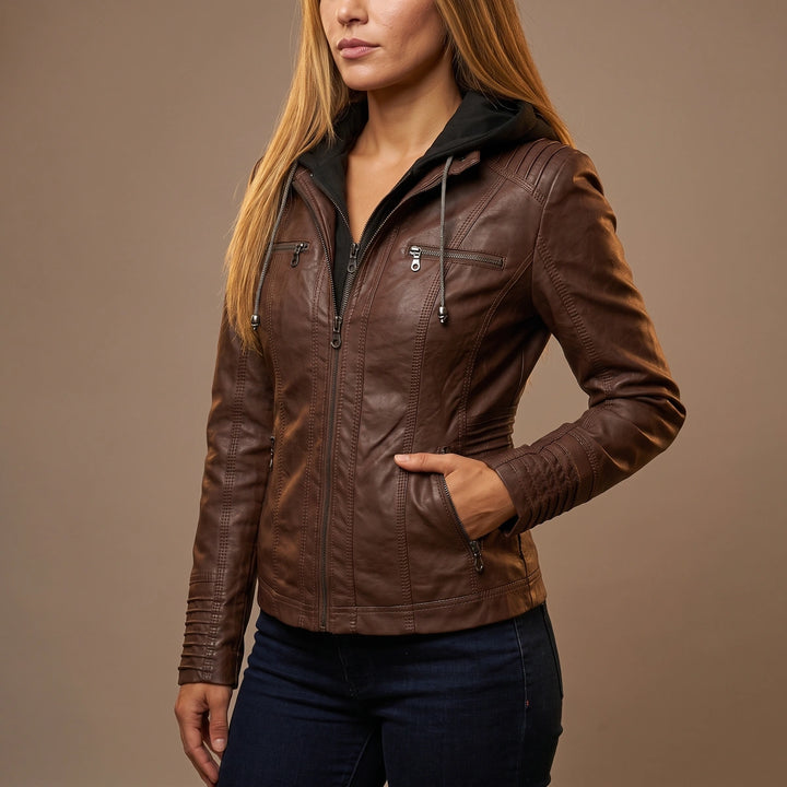 Elowen Hooded Moto Leather Jacket - Brown