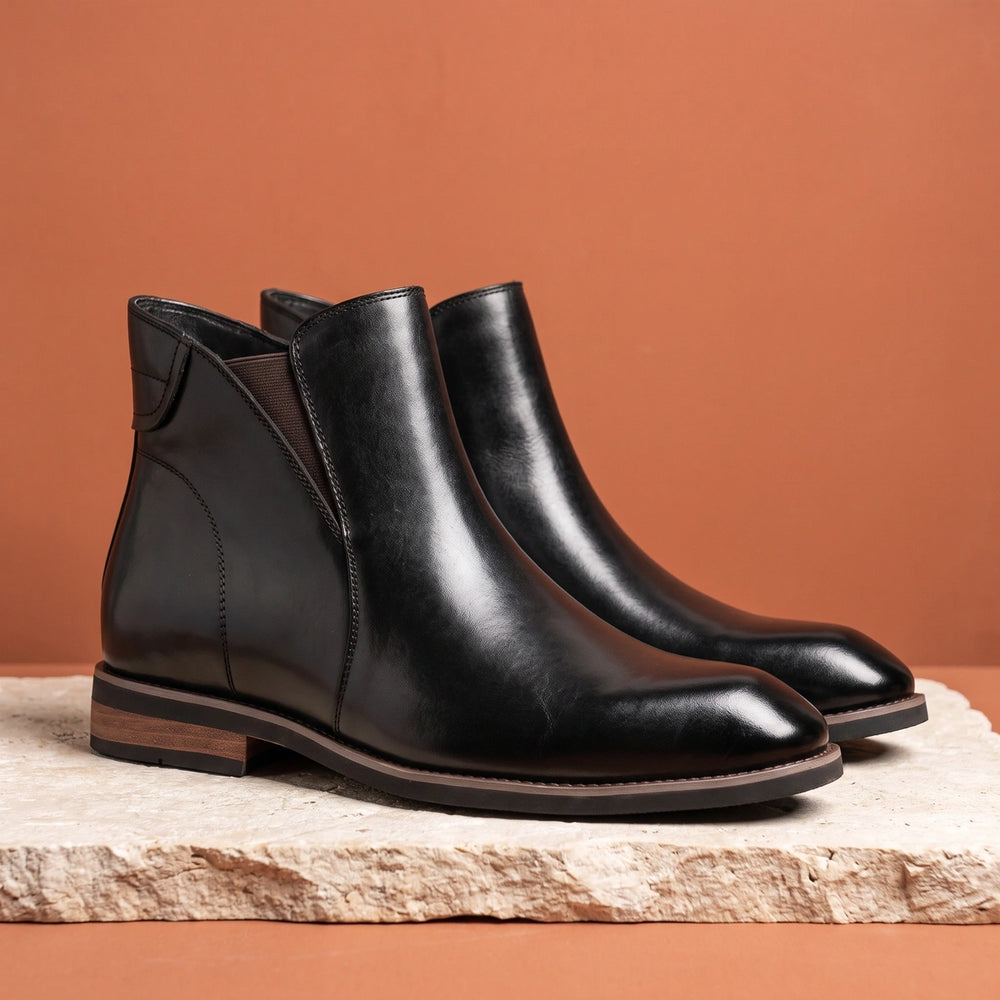 Emilien Genuine Leather Stacked Heel Chelsea Boots - Black