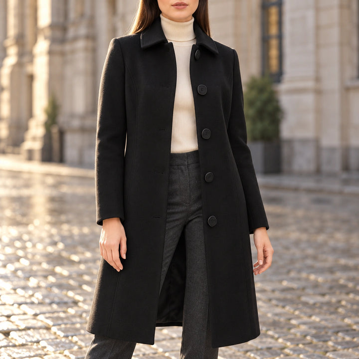 Emily Button Front Fit and Flare Coat - Black