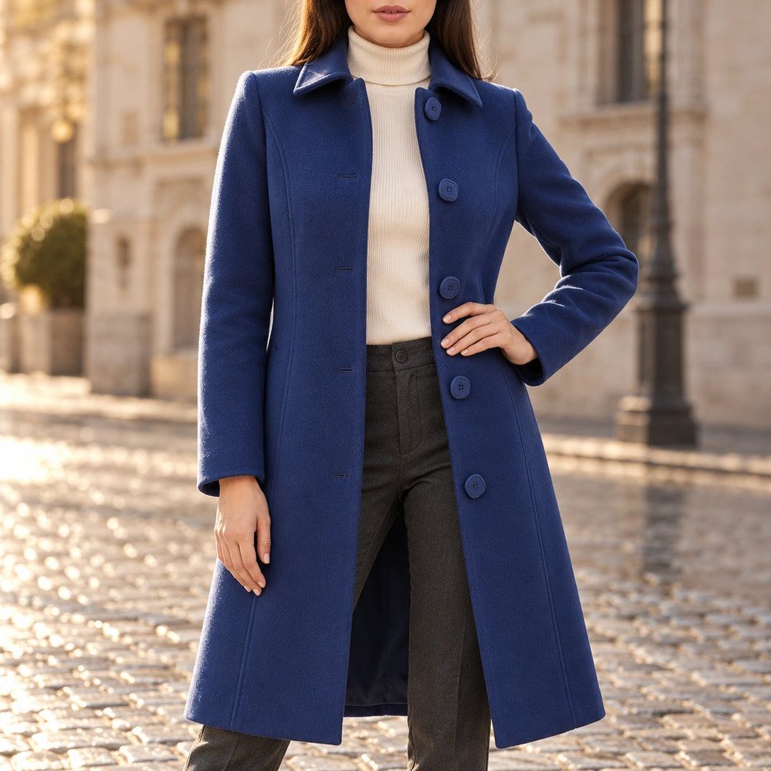 Emily Button Front Fit and Flare Coat - Dark Blue