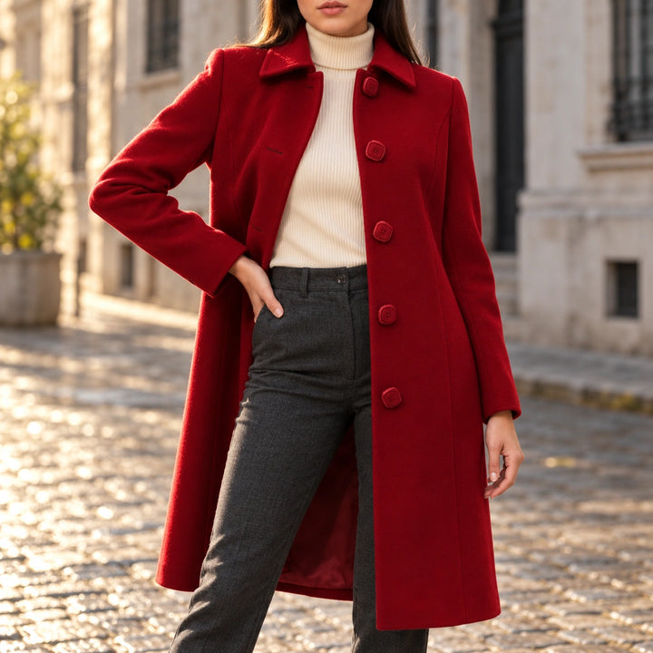 Emily Button Front Fit and Flare Coat - Dark Red