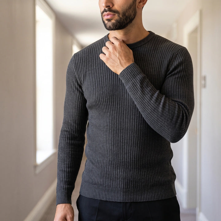 Emrys Ribbed Knit Crew Sweater - Dark Gray