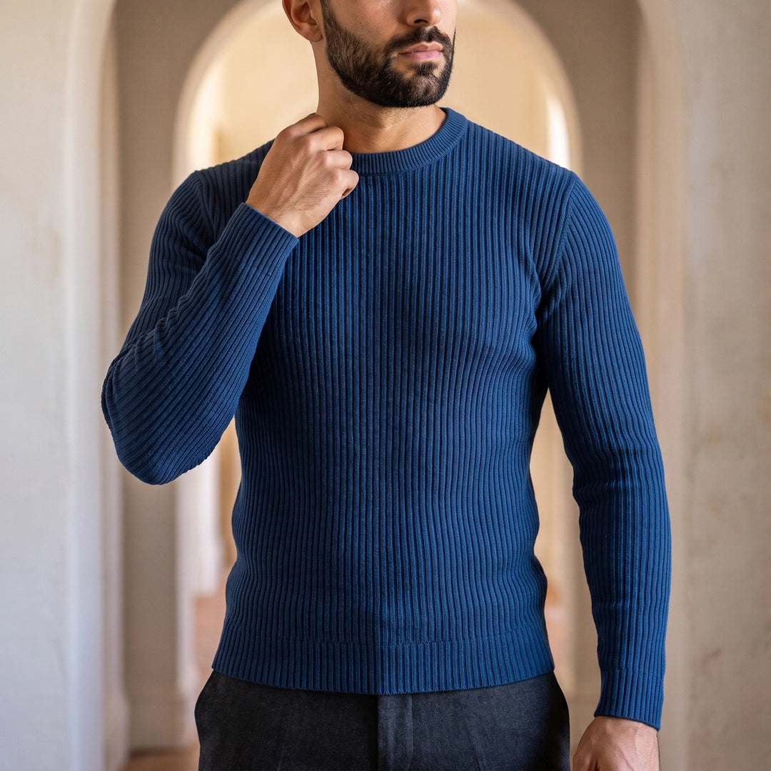 Emrys Ribbed Knit Crew Sweater - Navy Blue