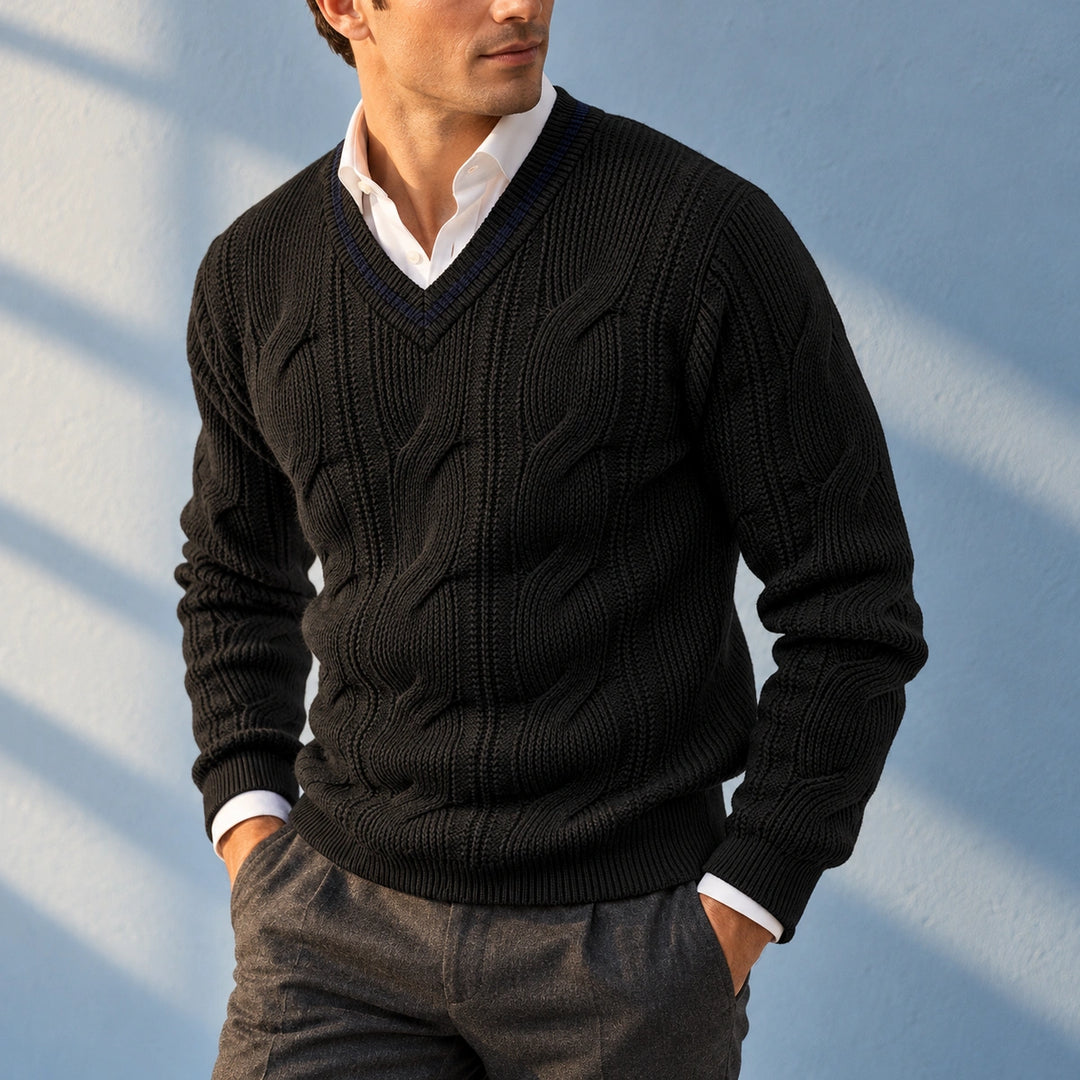 Eric Cable Knit Fitted V Neck Sweater - Black
