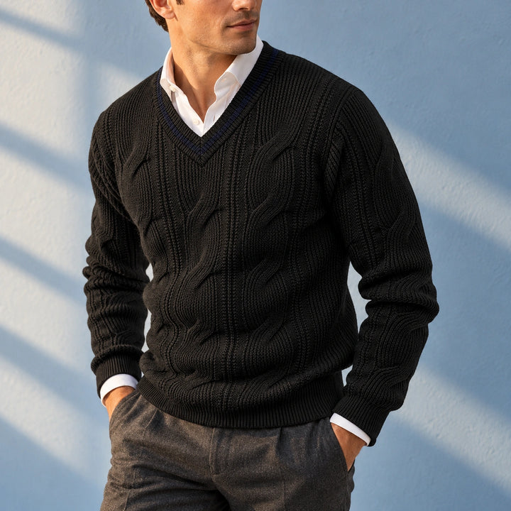 Eric Cable Knit Fitted V Neck Sweater - Black