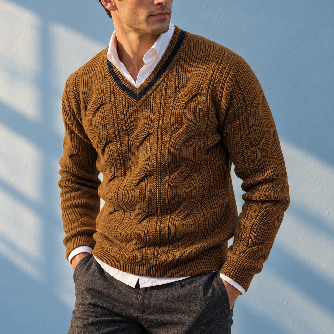 Eric Cable Knit Fitted V Neck Sweater - Brown