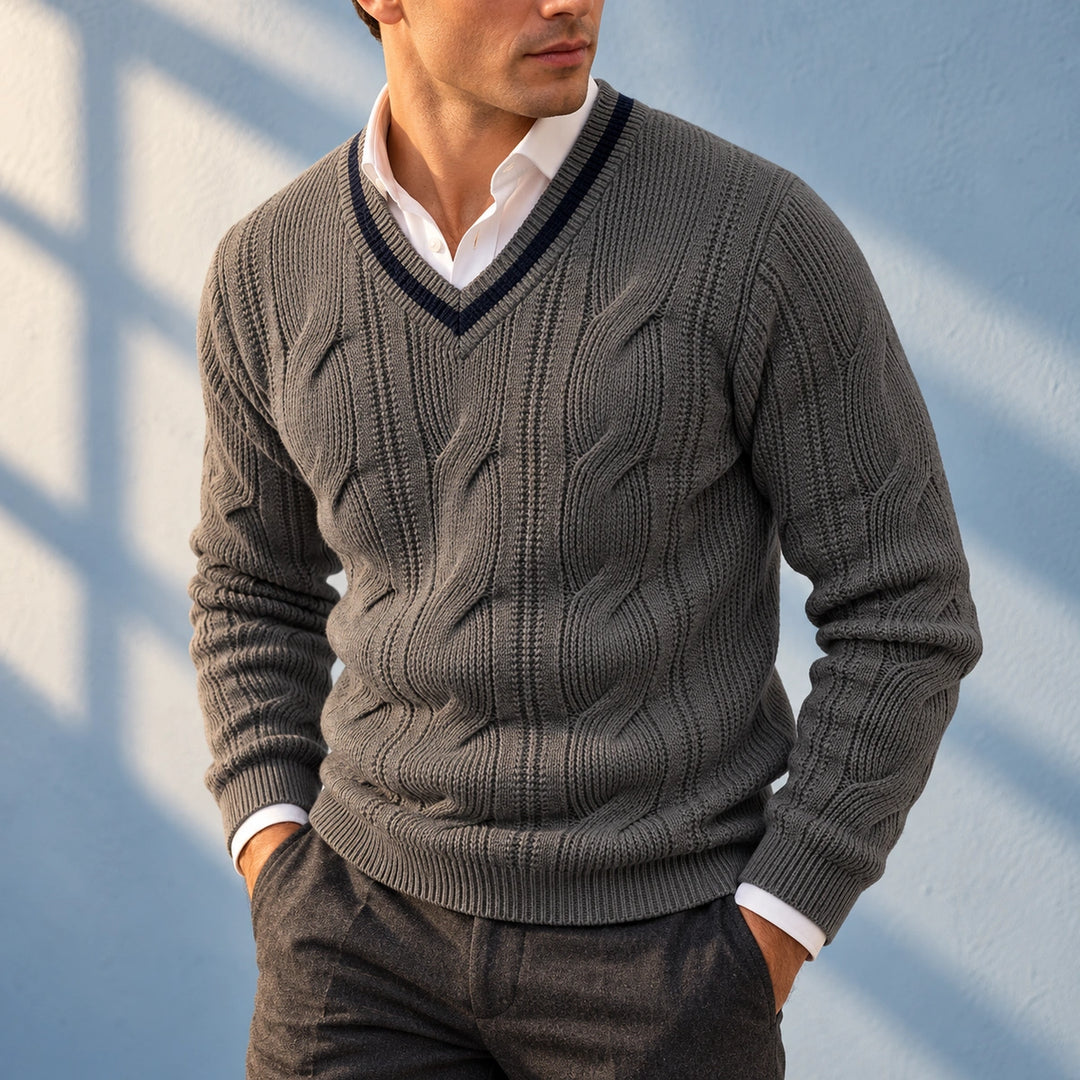Eric Cable Knit Fitted V Neck Sweater - Gray