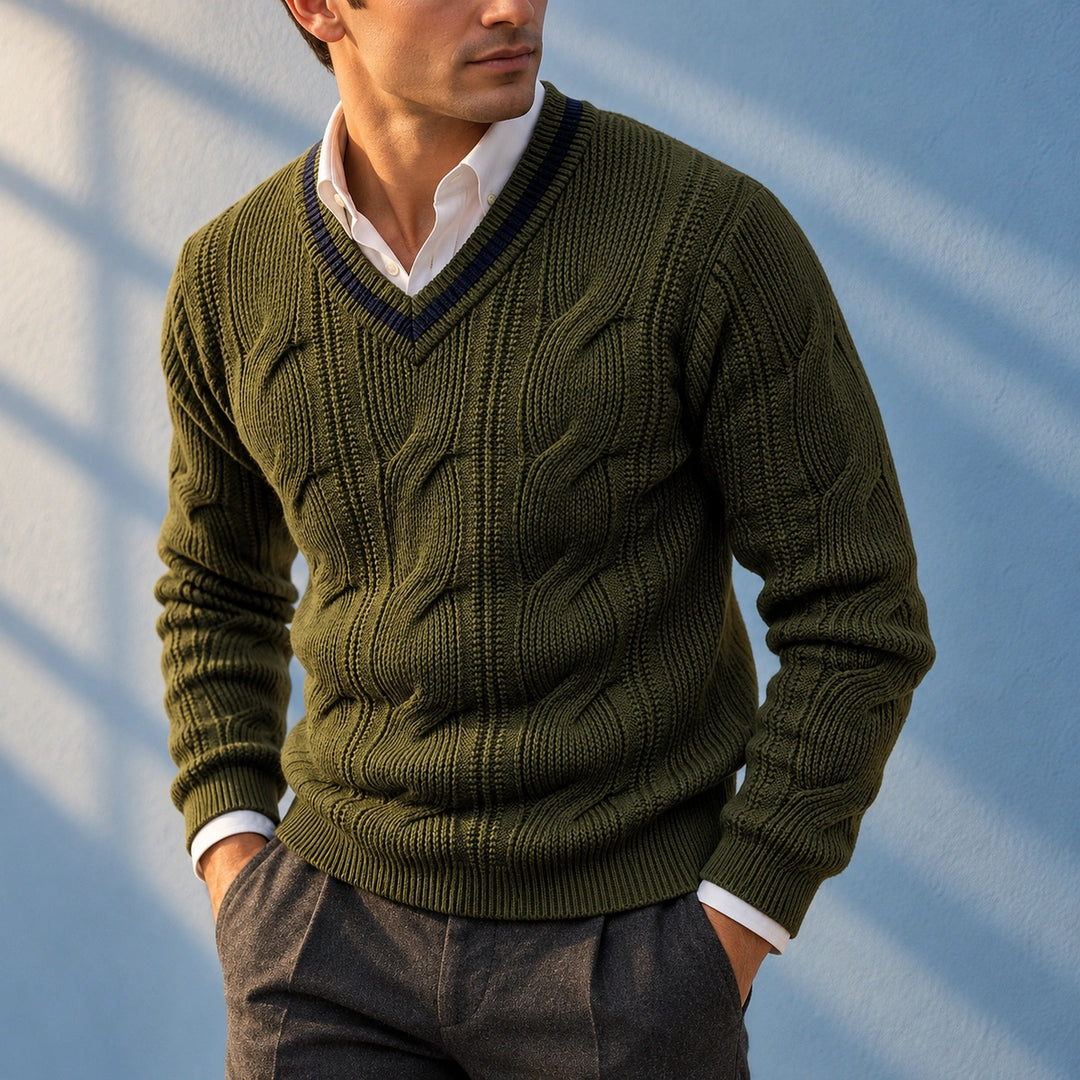 Eric Cable Knit Fitted V Neck Sweater - Green