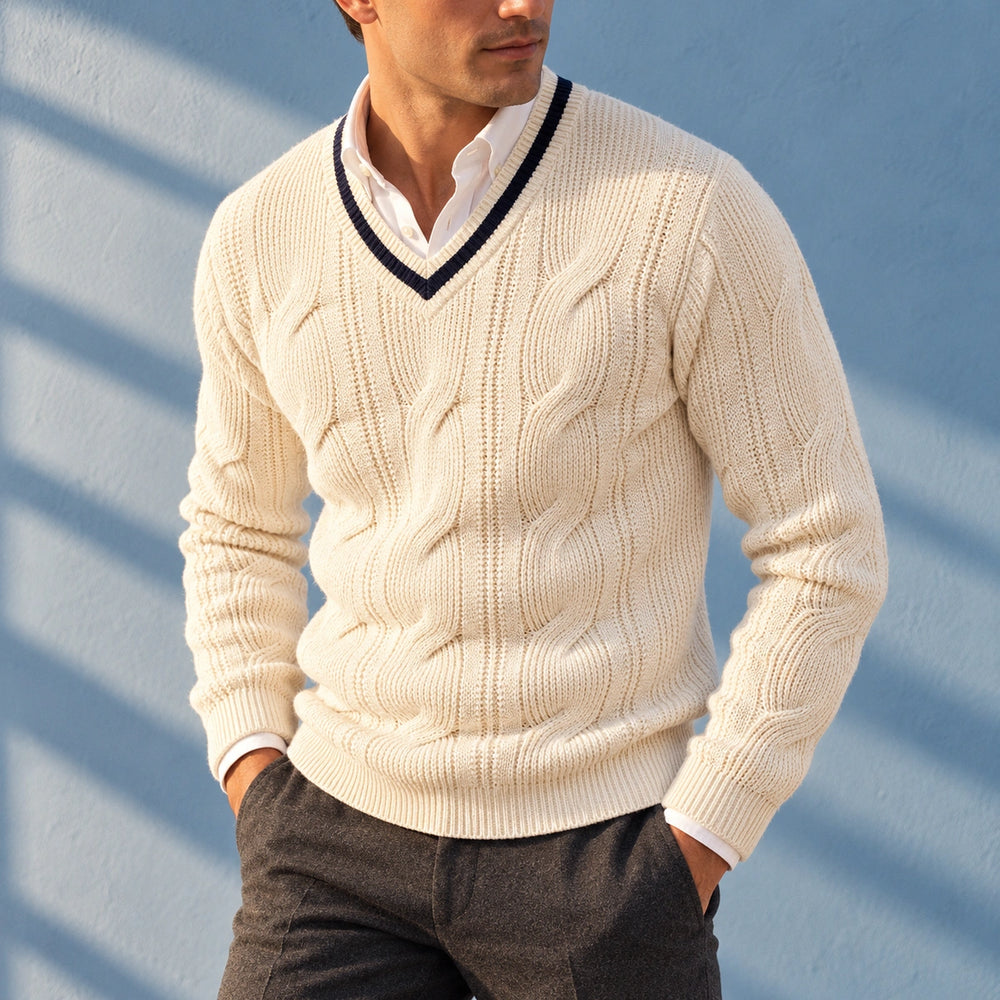 Eric Cable Knit Fitted V Neck Sweater - White