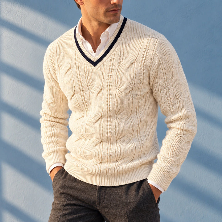 Eric Cable Knit Fitted V Neck Sweater - White