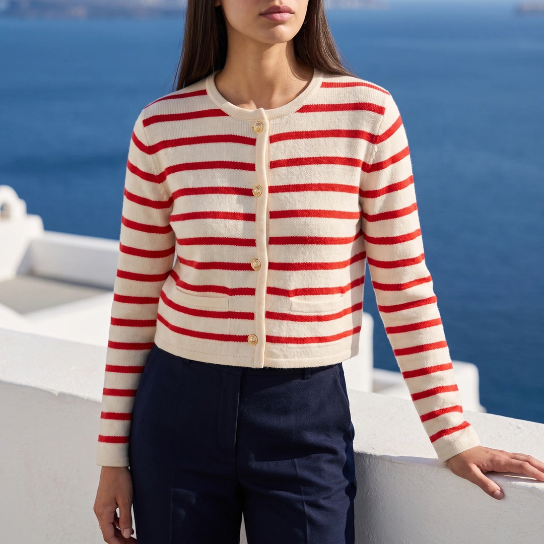 Esme Striped Gold Button Cardigan - Red