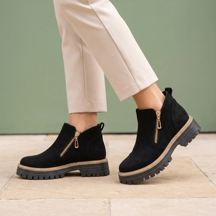 Estella Brushed Suede Angled Zip Lug Sole Boots - Black