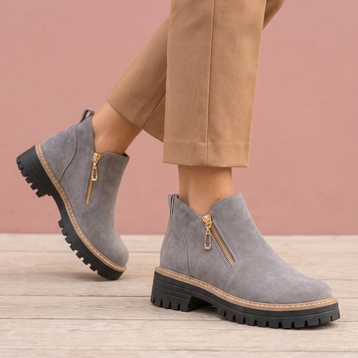 Estella Brushed Suede Angled Zip Lug Sole Boots - Gray
