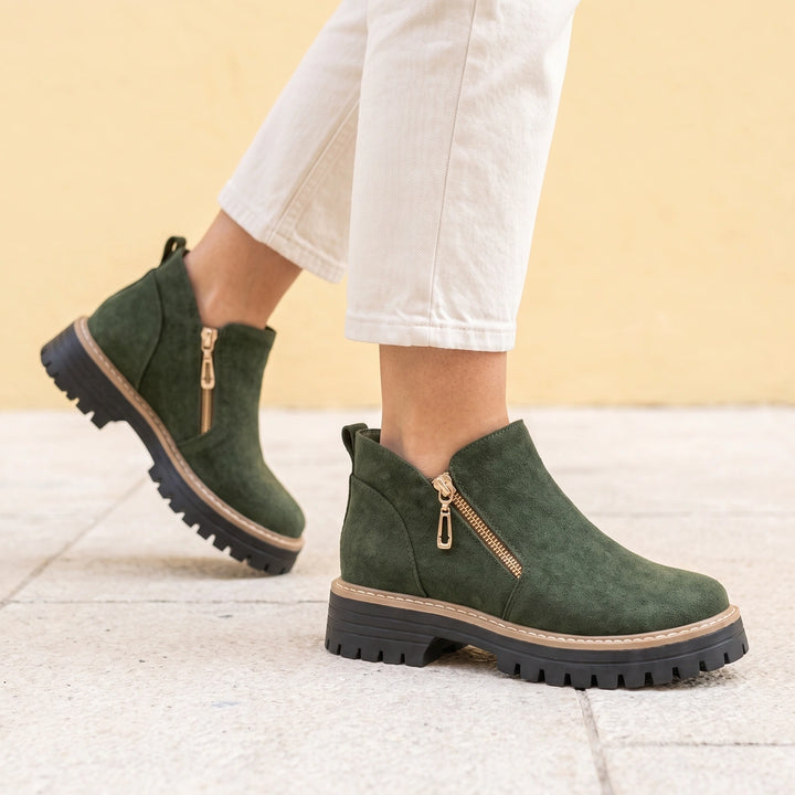 Estella Brushed Suede Angled Zip Lug Sole Boots - Green
