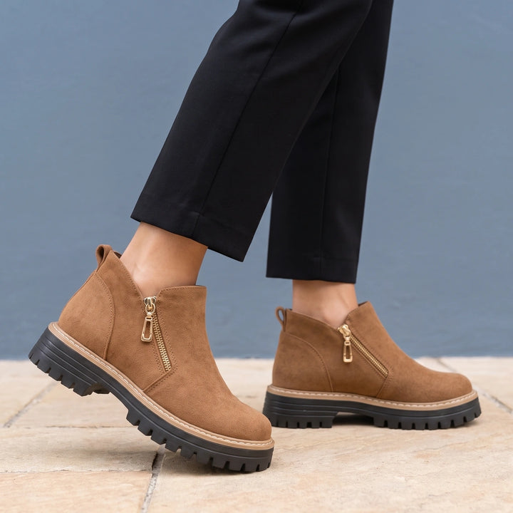 Estella Brushed Suede Angled Zip Lug Sole Boots - Light Brown