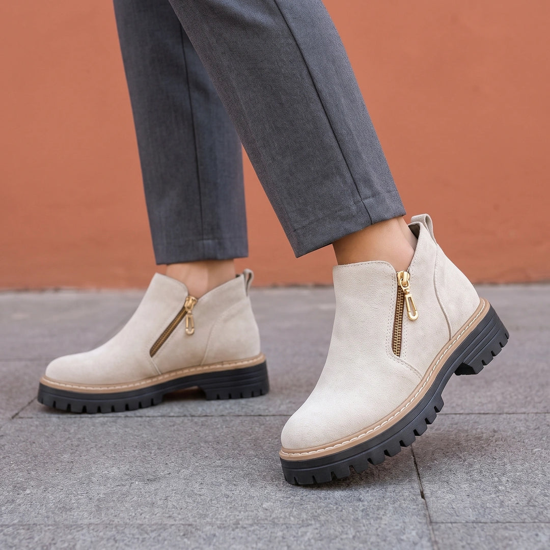 Estella Brushed Suede Angled Zip Lug Sole Boots - Off White
