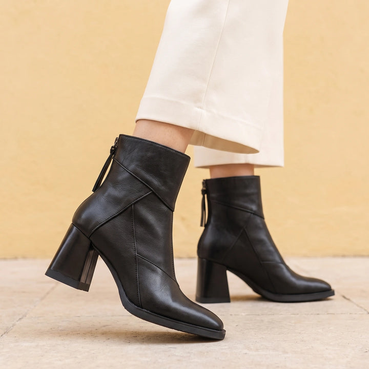 Eudora Leather Stitched Panel Block Heel Boots - Black
