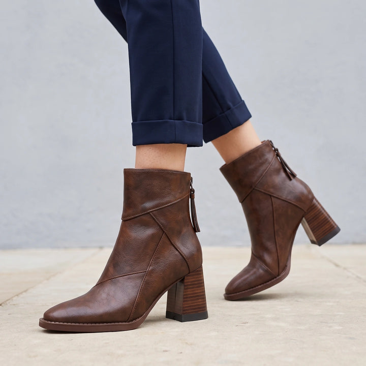 Eudora Leather Stitched Panel Block Heel Boots - Brown