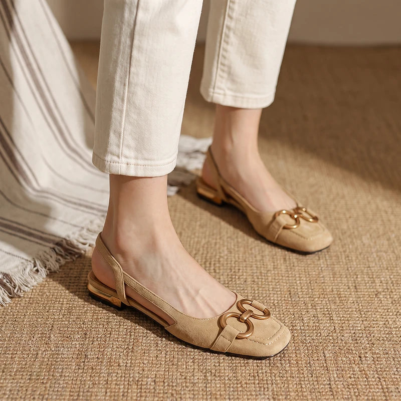 Delphine Women's Horsebit Slingback Flats - Beige Suede