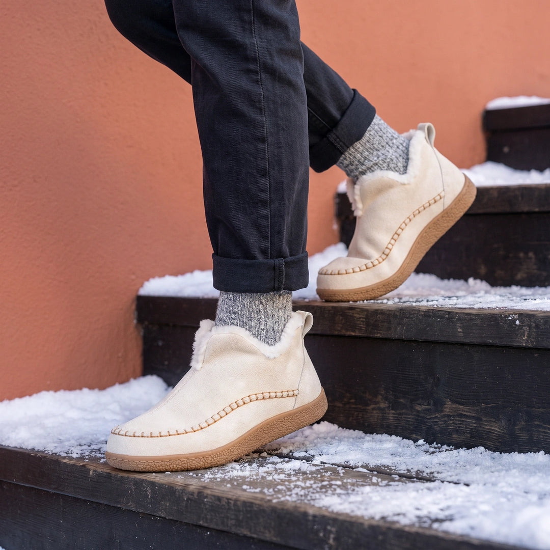 Fabiola Suede Faux Fur Lined Slip On Ankle Boots - Cream