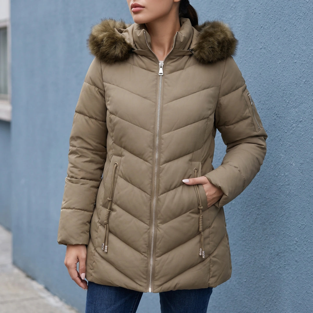 Faustina Faux Fur Hood Quilted Puffer Coat - Khaki