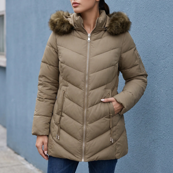 Faustina Faux Fur Hood Quilted Puffer Coat - Khaki