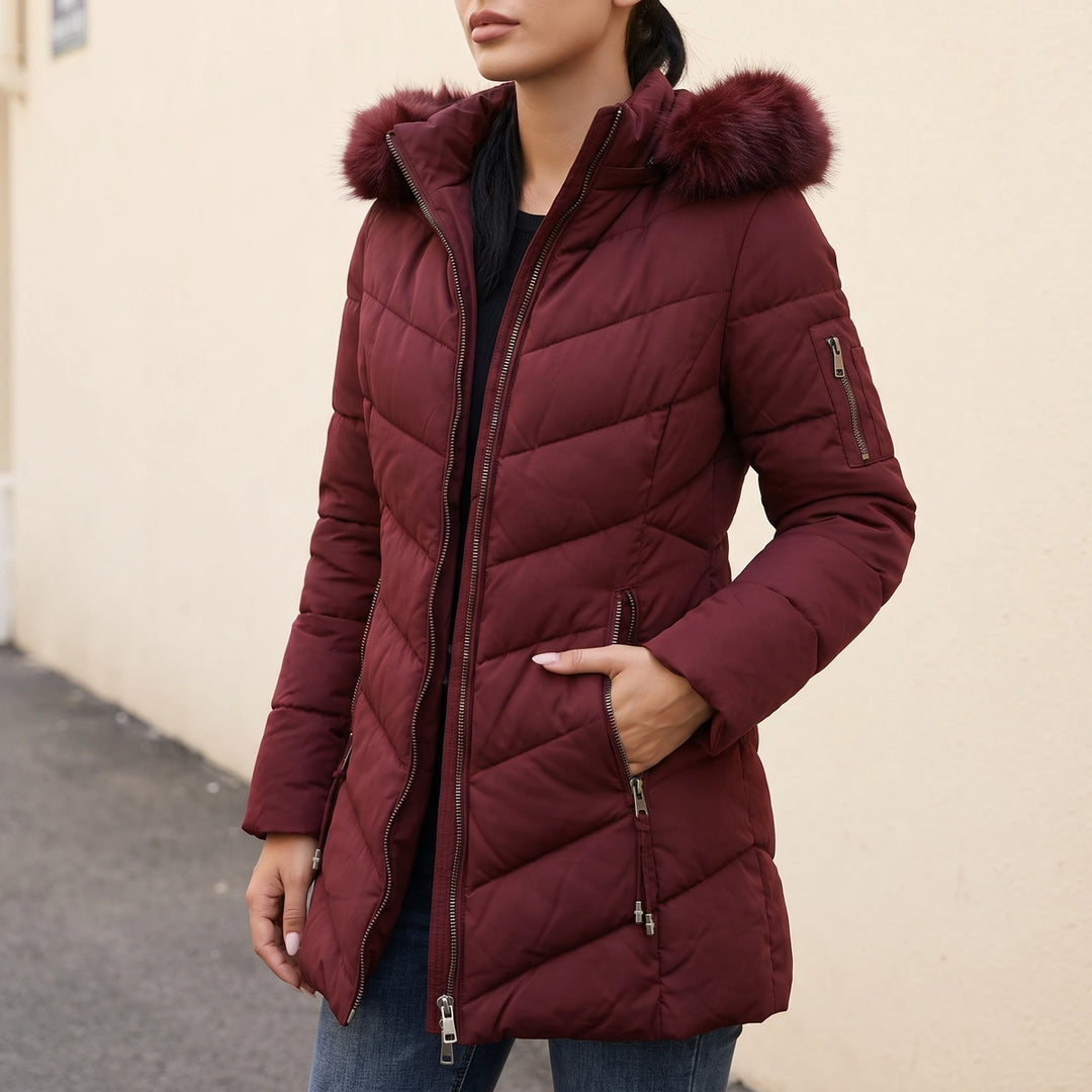 Faustina Faux Fur Hood Quilted Puffer Coat - Wine Red