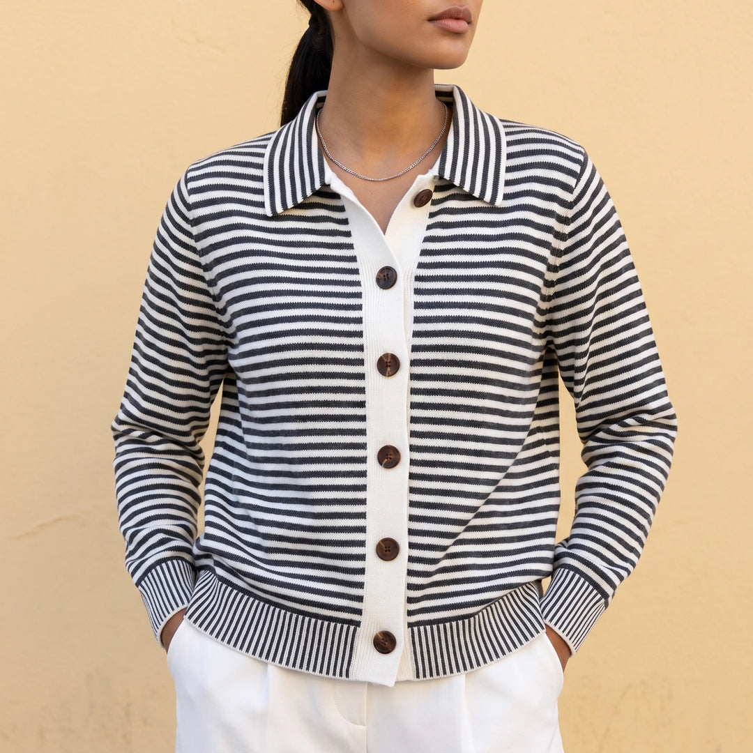Felicia Striped Lapel Collar Knit Cardigan - Black