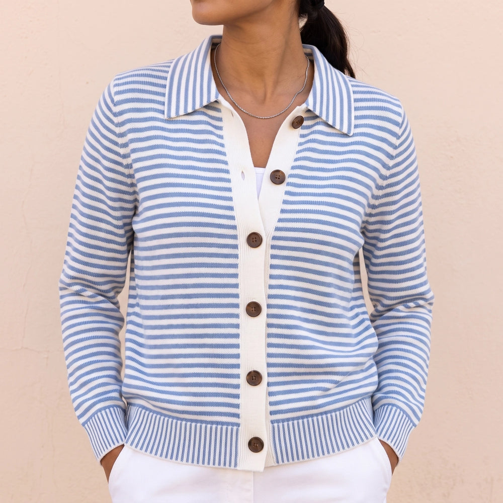Felicia Striped Lapel Collar Knit Cardigan - Blue