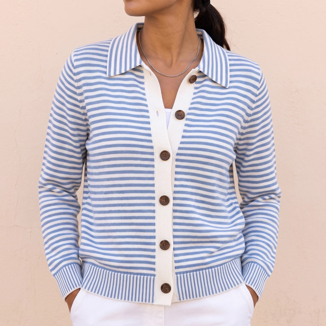 Felicia Striped Lapel Collar Knit Cardigan - Blue