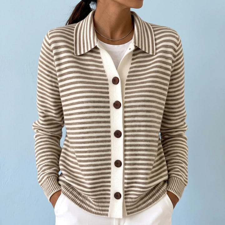 Felicia Striped Lapel Collar Knit Cardigan - Brown