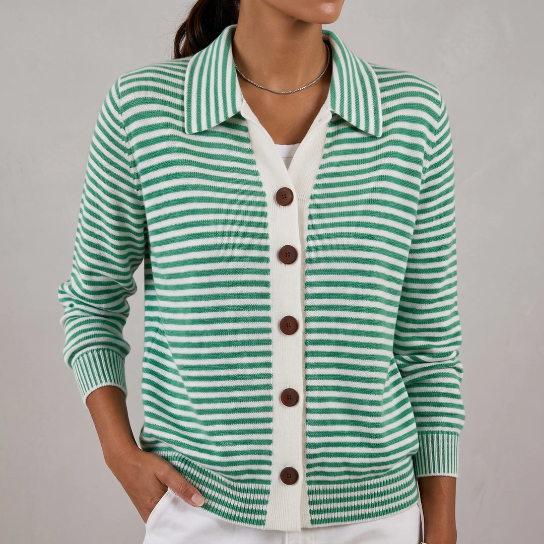Felicia Striped Lapel Collar Knit Cardigan - Green