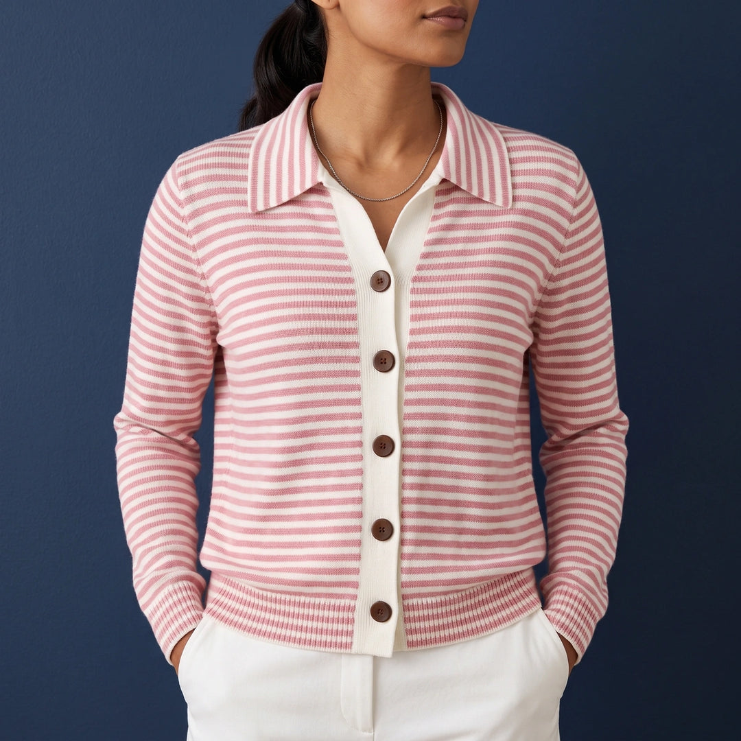 Felicia Striped Lapel Collar Knit Cardigan - Pink