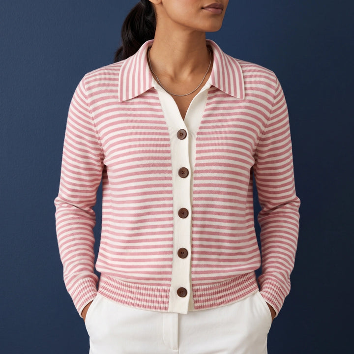 Felicia Striped Lapel Collar Knit Cardigan - Pink