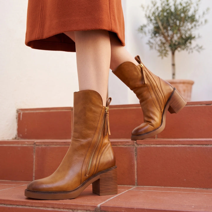 Flavia Stacked Heel Side Zip Leather Ankle Boots - Brown