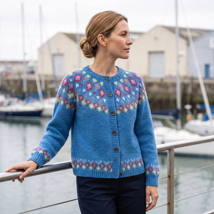 Flora Fair Isle Yoke Button Cardigan - Blue