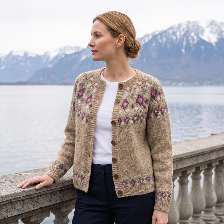 Flora Fair Isle Yoke Button Cardigan - Camel