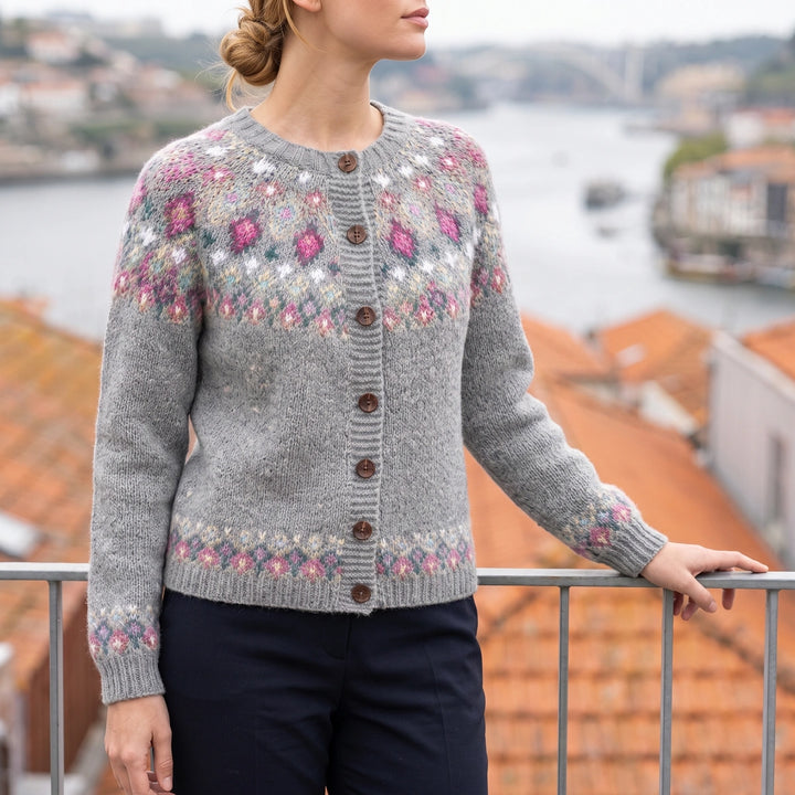 Flora Fair Isle Yoke Button Cardigan - Gray