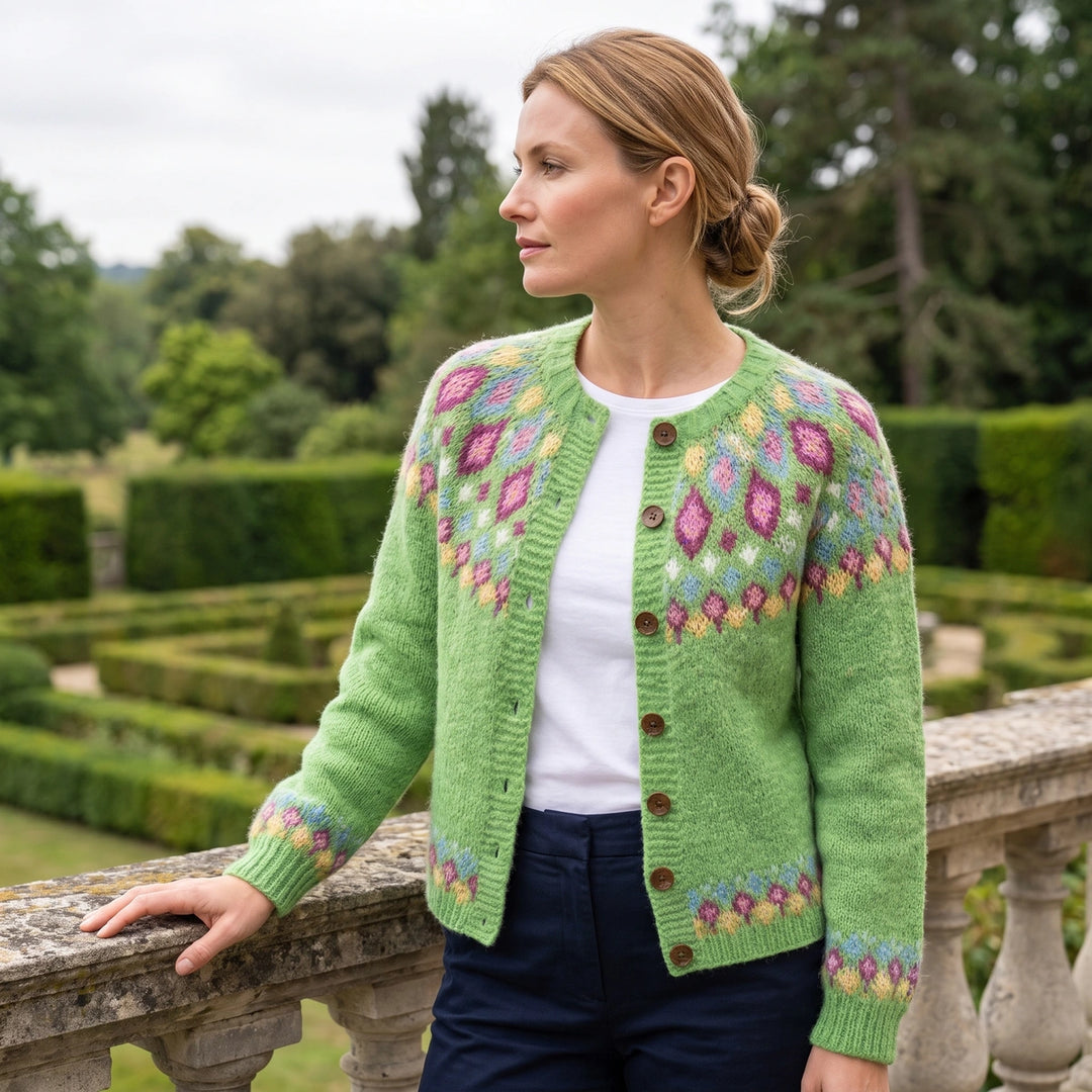 Flora Fair Isle Yoke Button Cardigan - Light Green