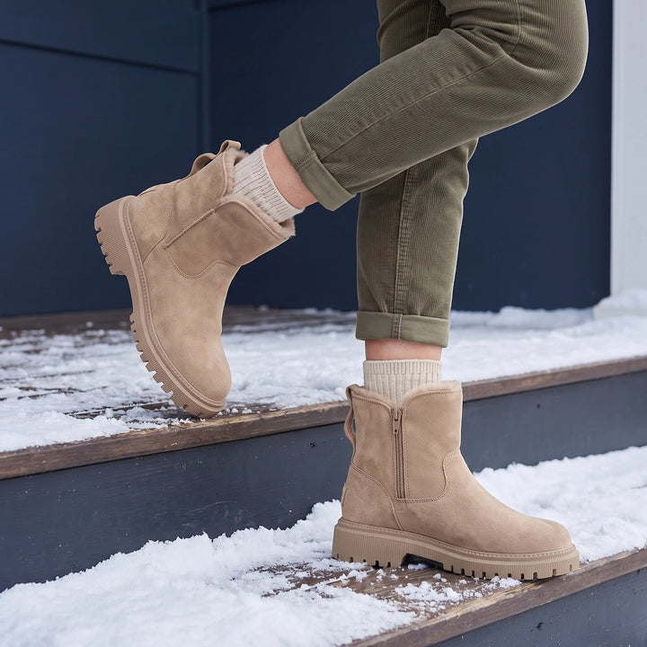 Francesca Vegan Suede Sherpa Lined Lug Boots - Beige