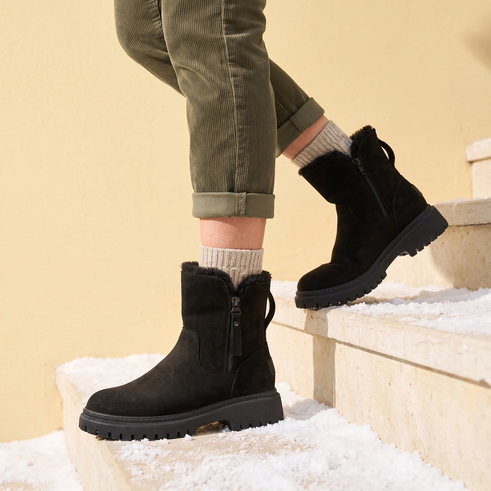 Francesca Vegan Suede Sherpa Lined Lug Boots - Black