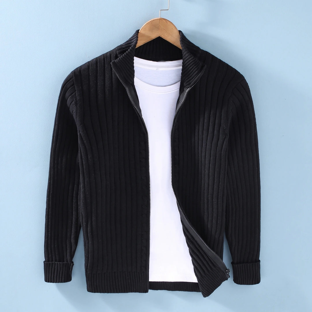 Francis Ribbed Knit Full Zip Stand Collar Cardigan - Black