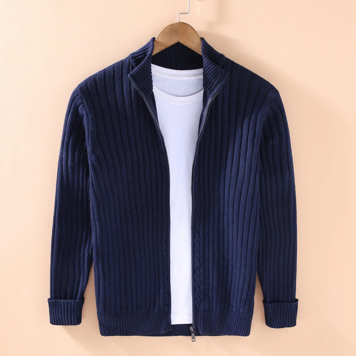 Francis Ribbed Knit Full Zip Stand Collar Cardigan - Blue