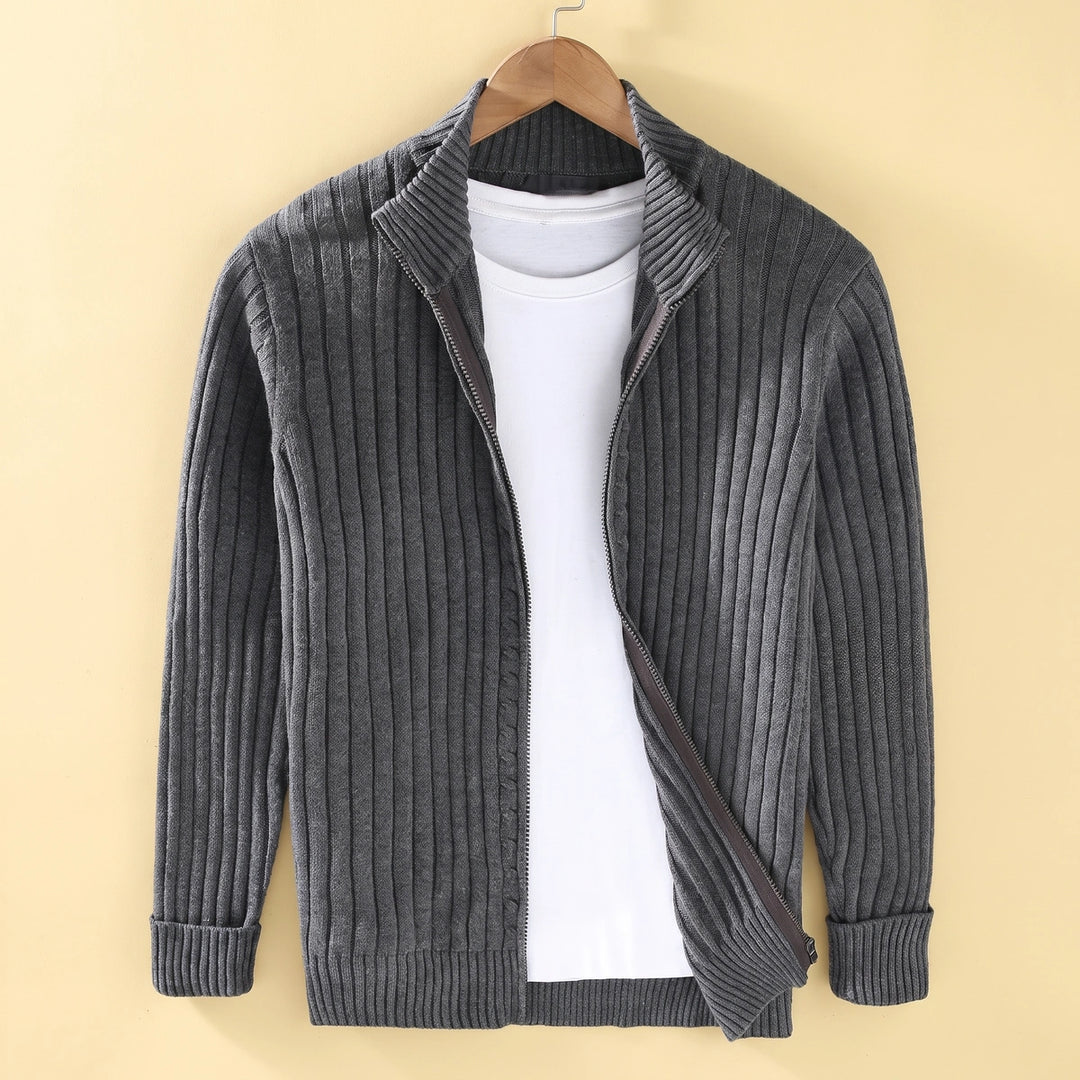 Francis Ribbed Knit Full Zip Stand Collar Cardigan - Dark Gray