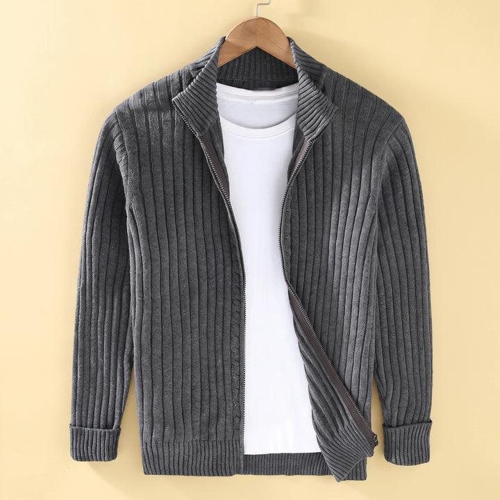 Francis Ribbed Knit Full Zip Stand Collar Cardigan - Dark Gray