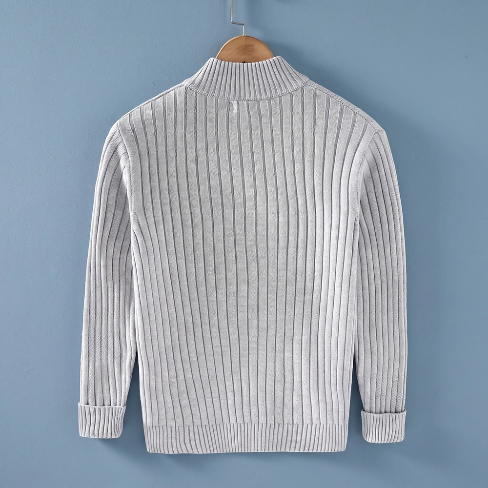 Francis Ribbed Knit Full Zip Stand Collar Cardigan - Light Gray