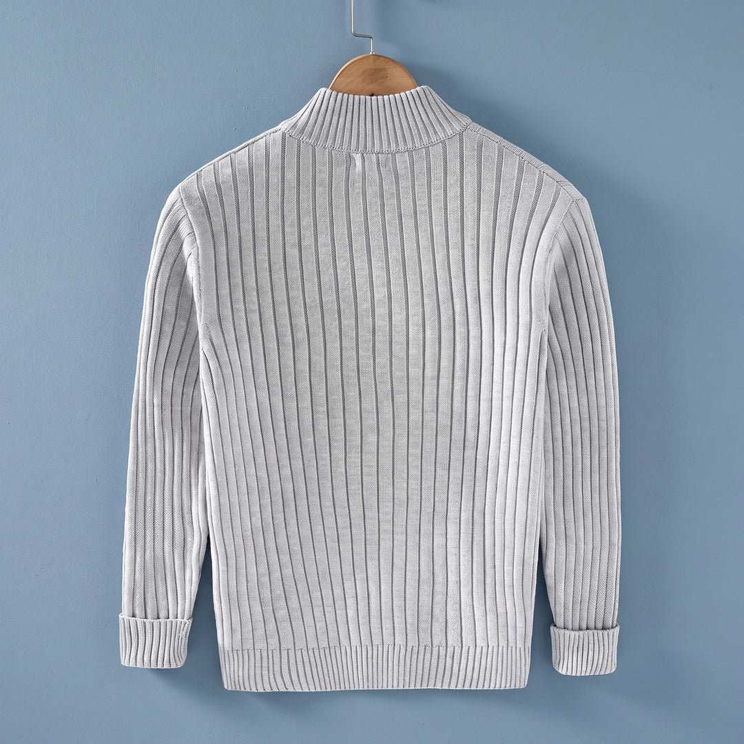 Francis Ribbed Knit Full Zip Stand Collar Cardigan - Light Gray