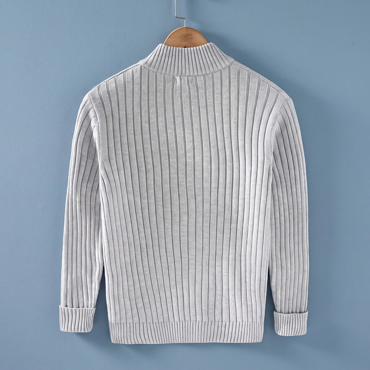 Francis Ribbed Knit Full Zip Stand Collar Cardigan - Light Gray