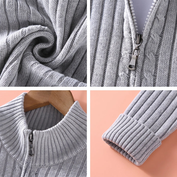 Francis Ribbed Knit Full Zip Stand Collar Cardigan - Light Gray