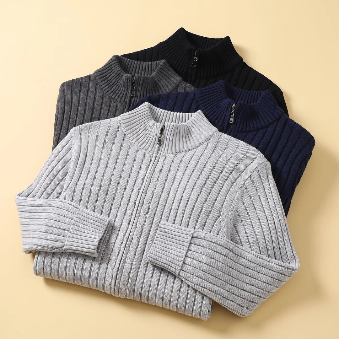 Francis Ribbed Knit Full Zip Stand Collar Cardigan - Light Gray